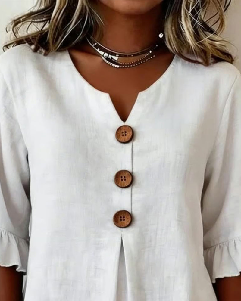 Kerria | Ruffle Sleeve Button Lino Camicetta