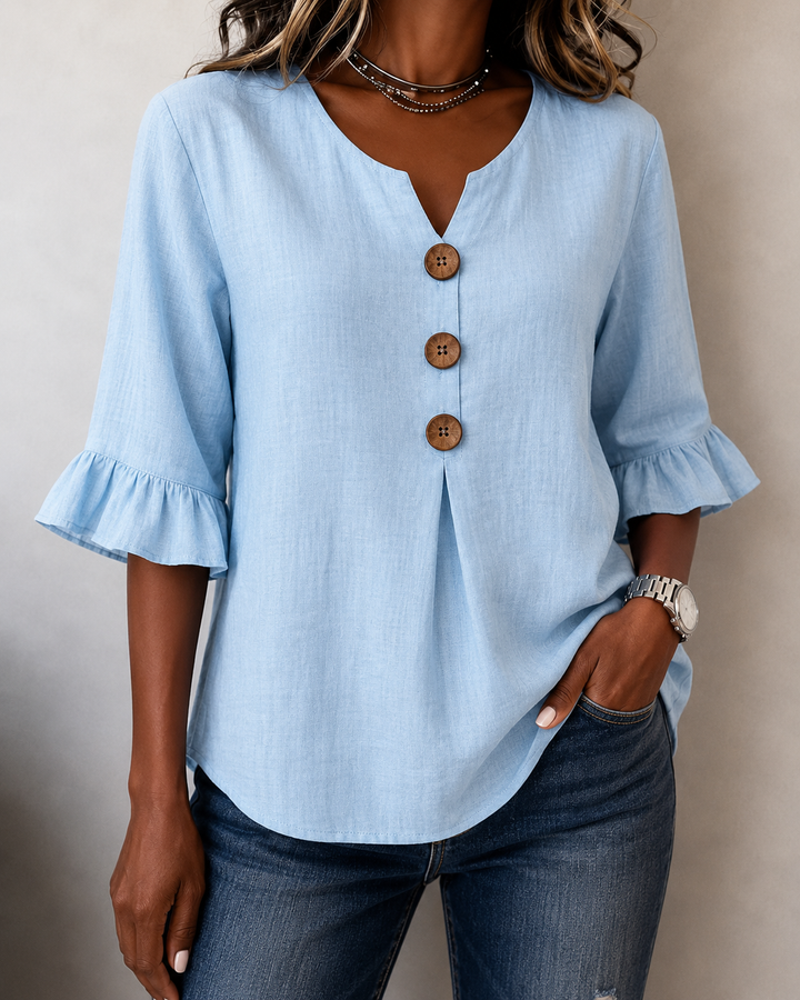 Kerria | Ruffle Sleeve Button Lino Camicetta