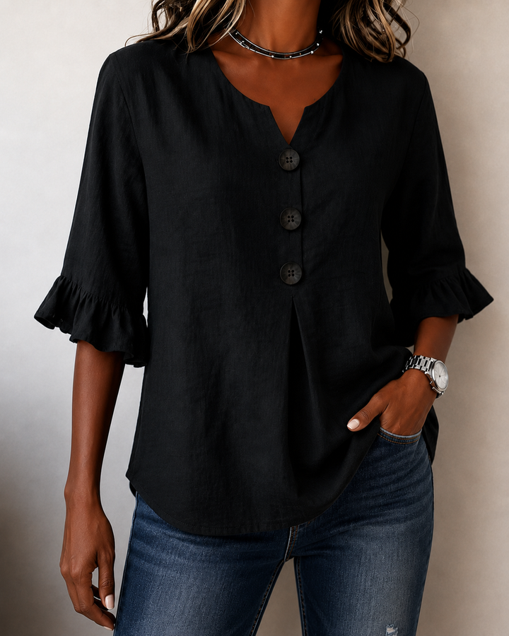 Kerria | Ruffle Sleeve Button Lino Camicetta