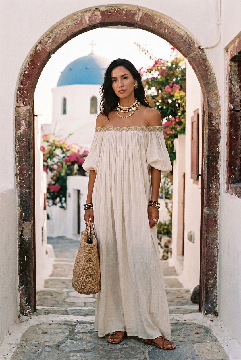 Inez | Maxi Abito Plissettato Spalle Scoperte