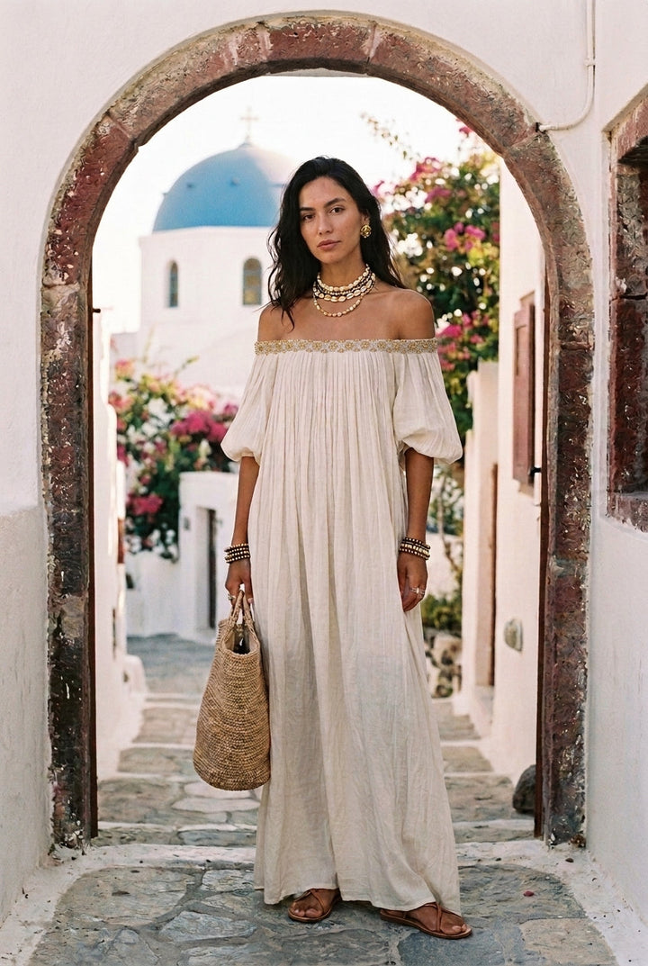 Inez | Maxi Abito Plissettato Spalle Scoperte