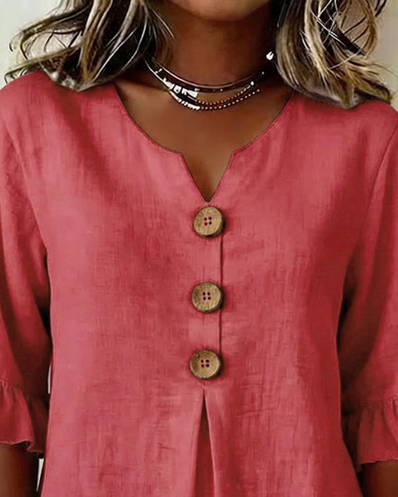 Kerria | Ruffle Sleeve Button Lino Camicetta