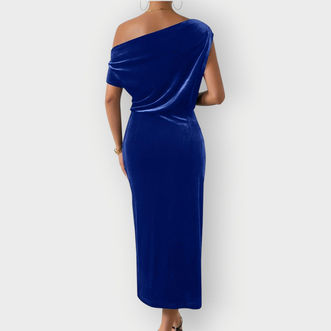 Saeviah | Abito Midi in Velluto Drappeggiato a Spalle Scoperte