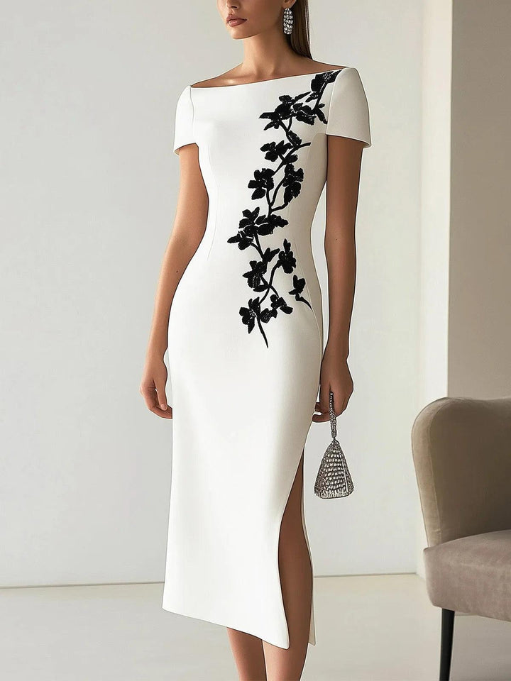 Audrey | Abito Midi Floreale Chic, Scollo a Barca