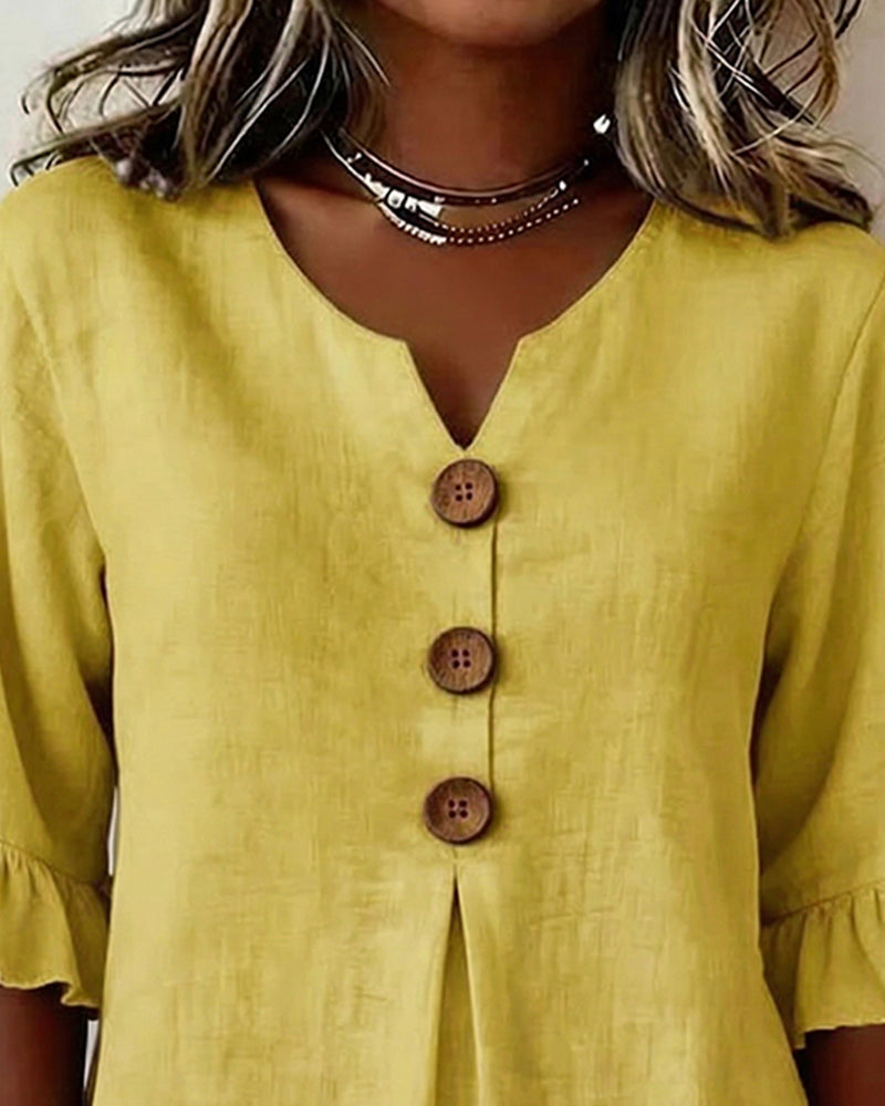 Kerria | Ruffle Sleeve Button Lino Camicetta