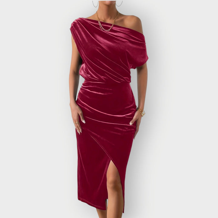 Saeviah | Abito Midi in Velluto Drappeggiato a Spalle Scoperte