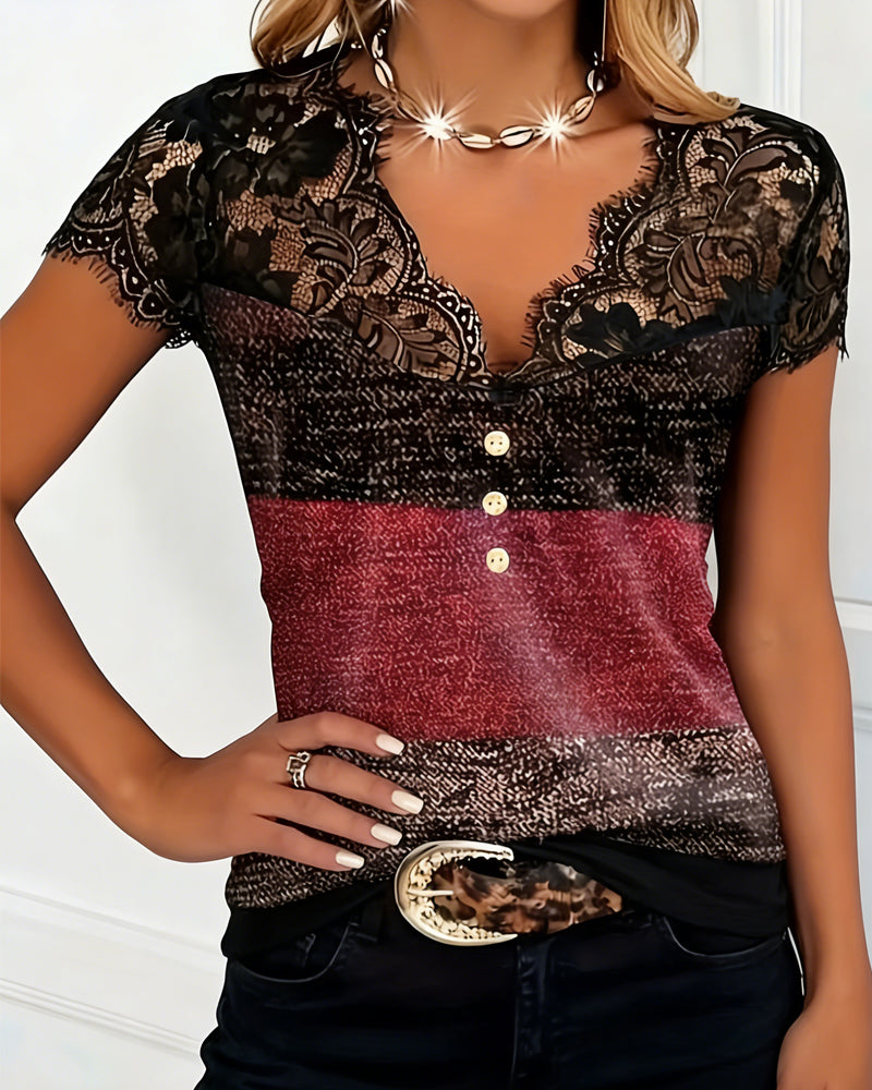 Sharon | T-shirt Scollo a V con Inserti in Pizzo