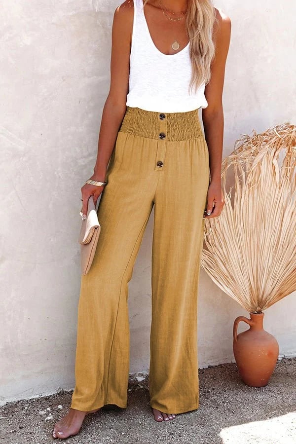 Dianne | Smocked High Waist Pantaloni with Button Front
