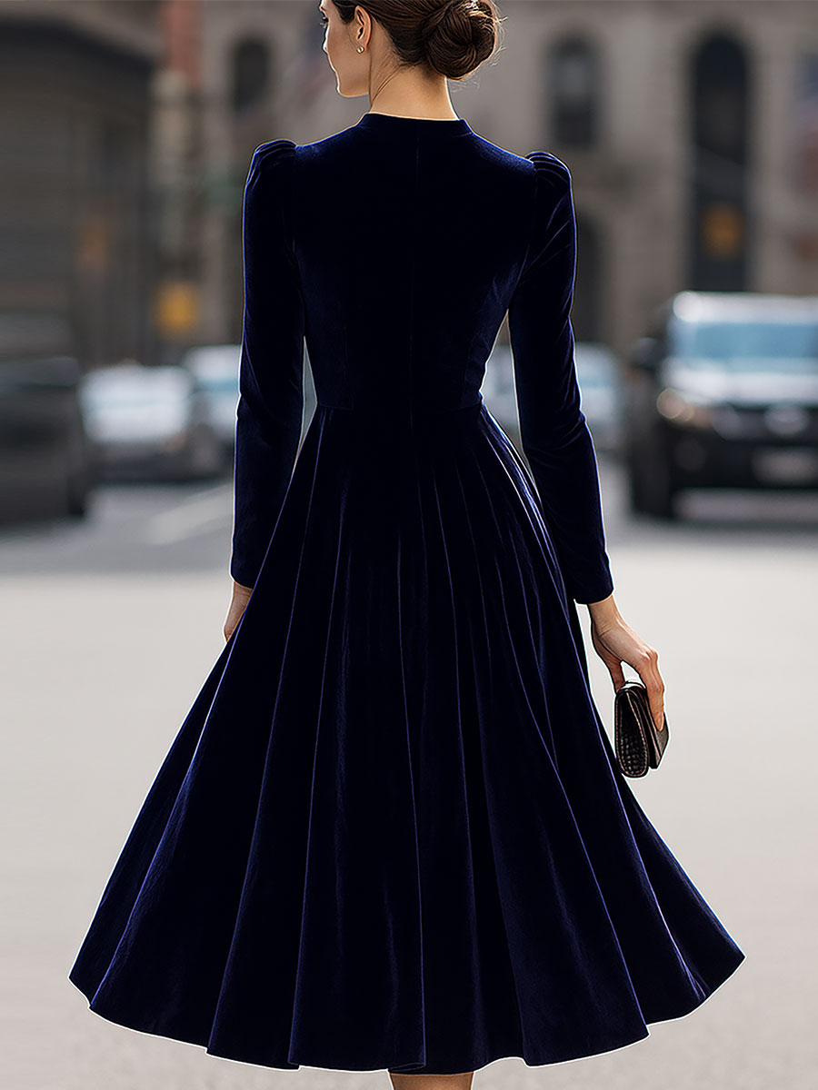 Elissa | Blu Navy Blu Manica Lunga Midi Abito