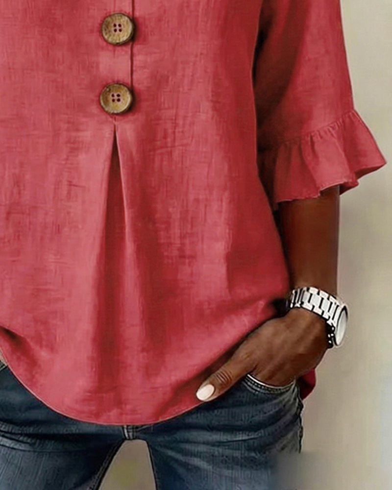 Kerria | Ruffle Sleeve Button Lino Camicetta