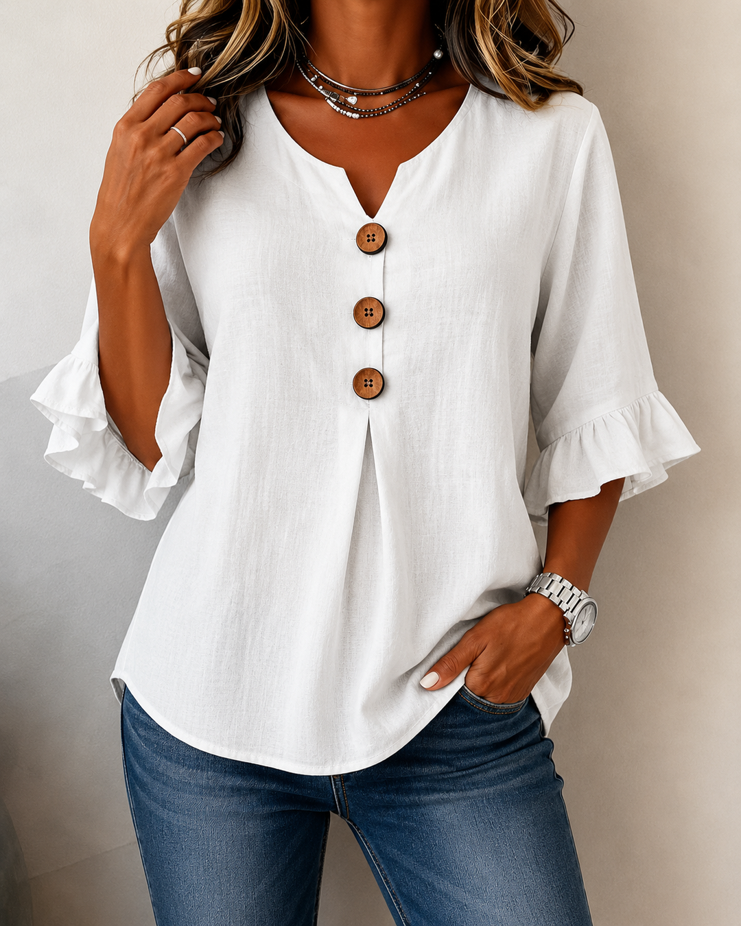 Kerria | Ruffle Sleeve Button Lino Camicetta
