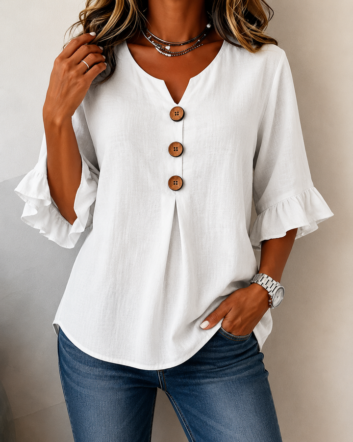 Kerria | Ruffle Sleeve Button Lino Camicetta