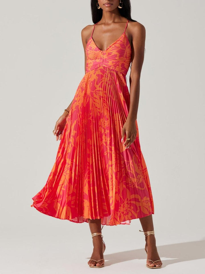 Heather | Abito Midi Plissettato Elegante, Stampa Floreale Costiera