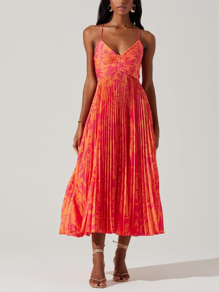 Heather | Abito Midi Plissettato Elegante, Stampa Floreale Costiera