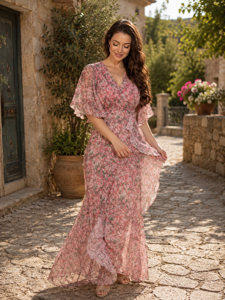 Camilla | Lungo Floreale Wrap Abito with Butterfly Sleeves