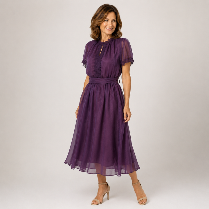 Coco | Maxi Abito with Teardrop Neckline and Chiffon Pizzo Trim