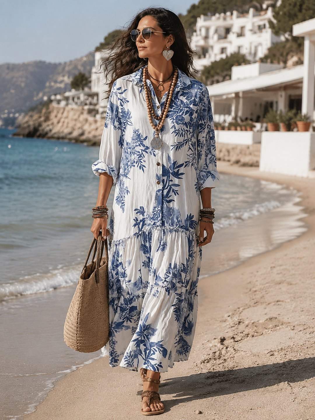 Fern | Blu Floreale con Bottoni Maxi Abito