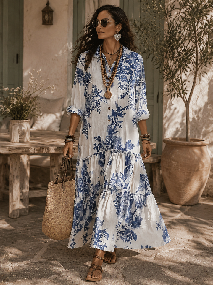 Fern | Blu Floreale con Bottoni Maxi Abito