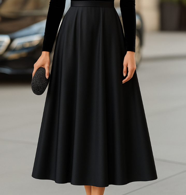 Ava | Elegante Nero Velluto And Raso Midi Abito