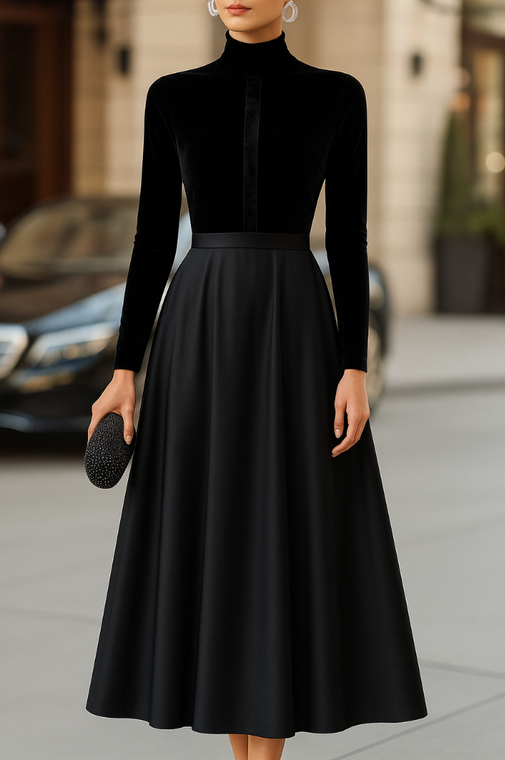 Ava | Elegante Nero Velluto And Raso Midi Abito