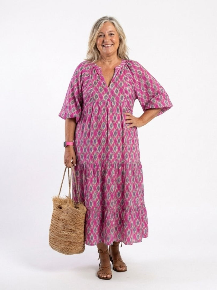Apolline | Three Quarter Sleeve Patterned Midi Abito