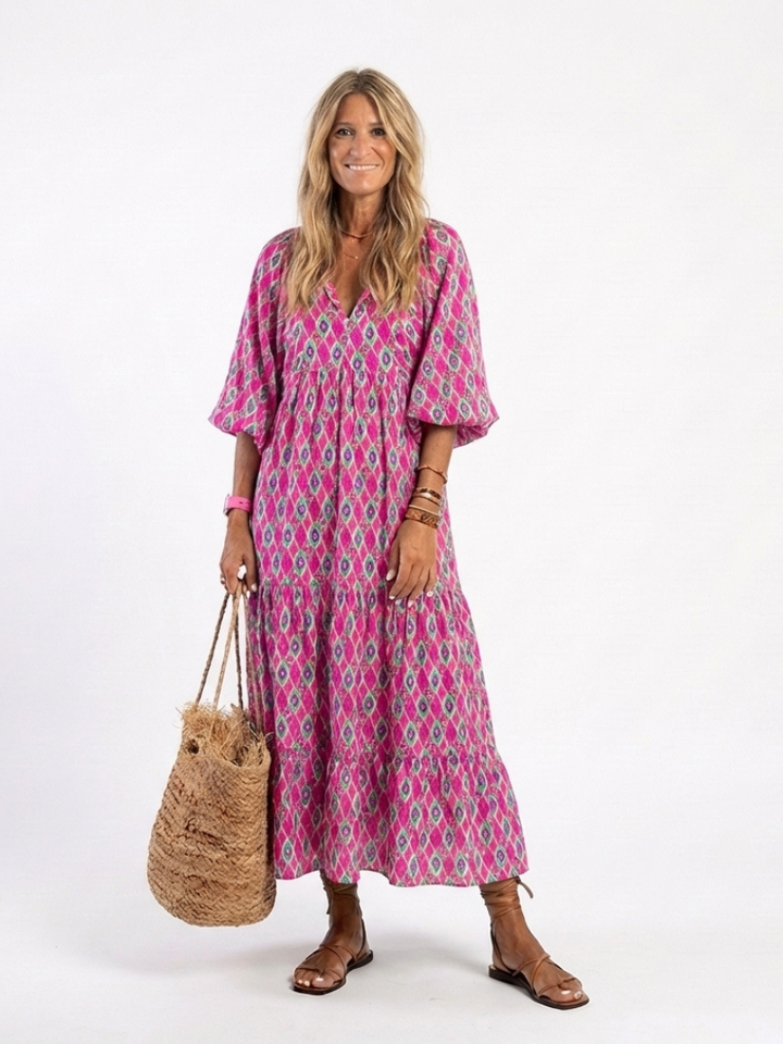 Apolline | Three Quarter Sleeve Patterned Midi Abito