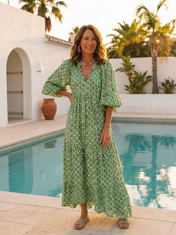 Apolline | Three Quarter Sleeve Patterned Midi Abito