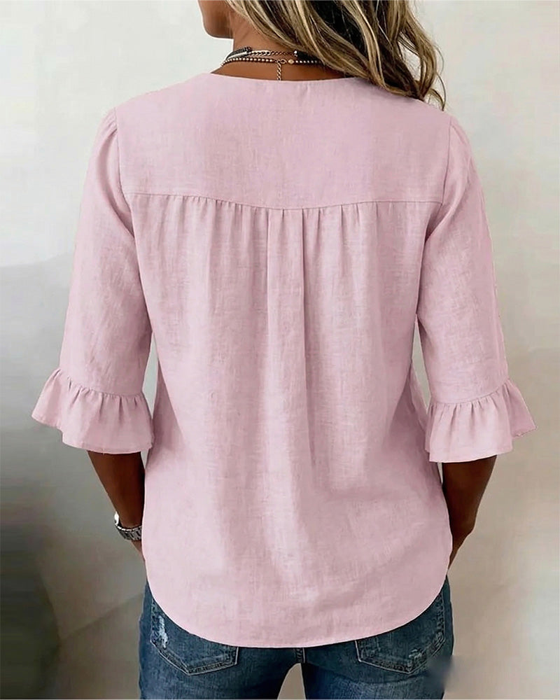 Kerria | Ruffle Sleeve Button Lino Camicetta
