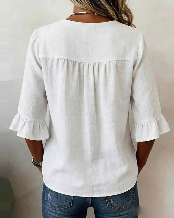 Kerria | Ruffle Sleeve Button Lino Camicetta