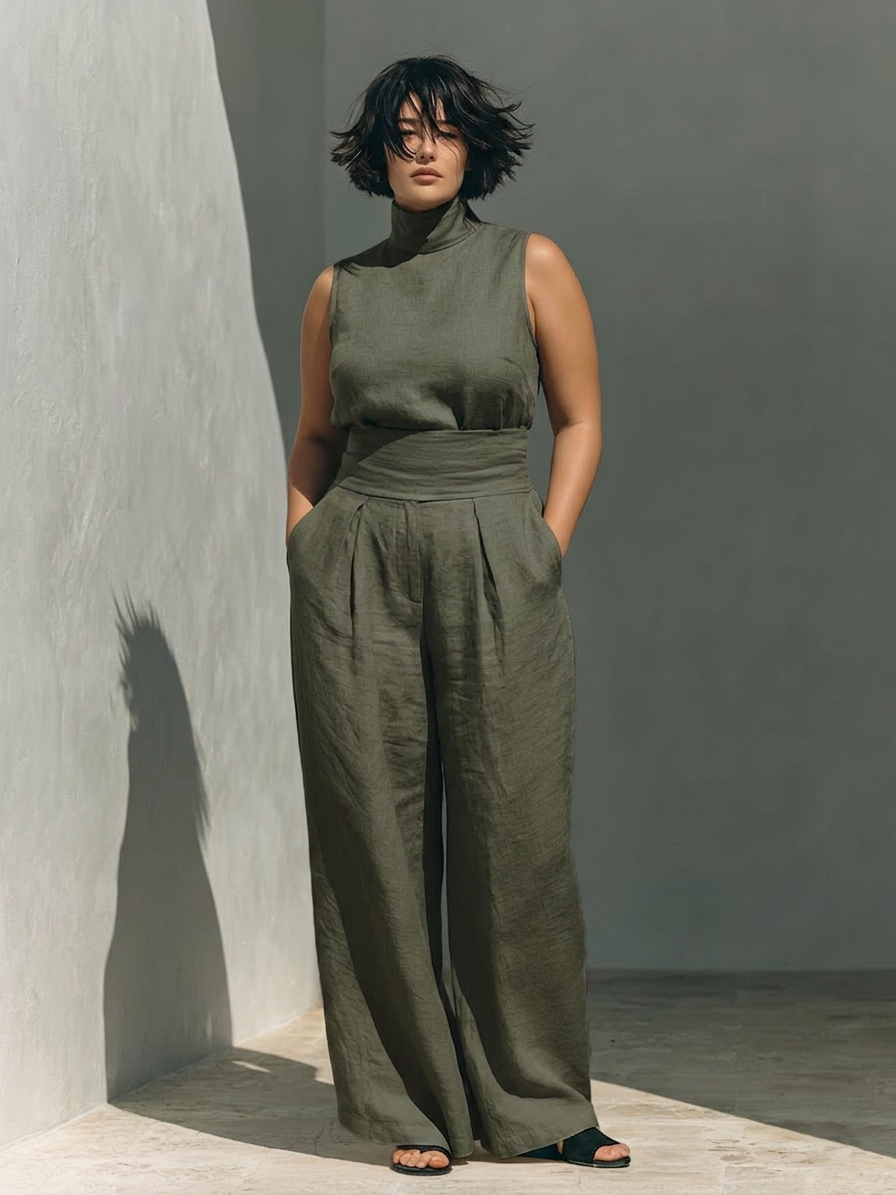 Marina | Senza Maniche Camicetta and Gamba Larga Pantaloni Completo