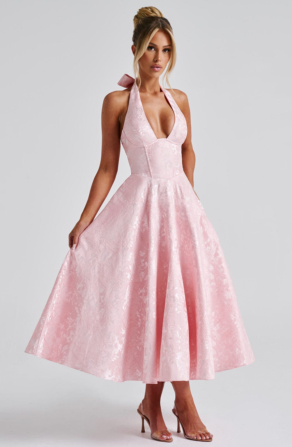 Rosalie | Abito Midi Floreale con Collo Halter e Corsetto