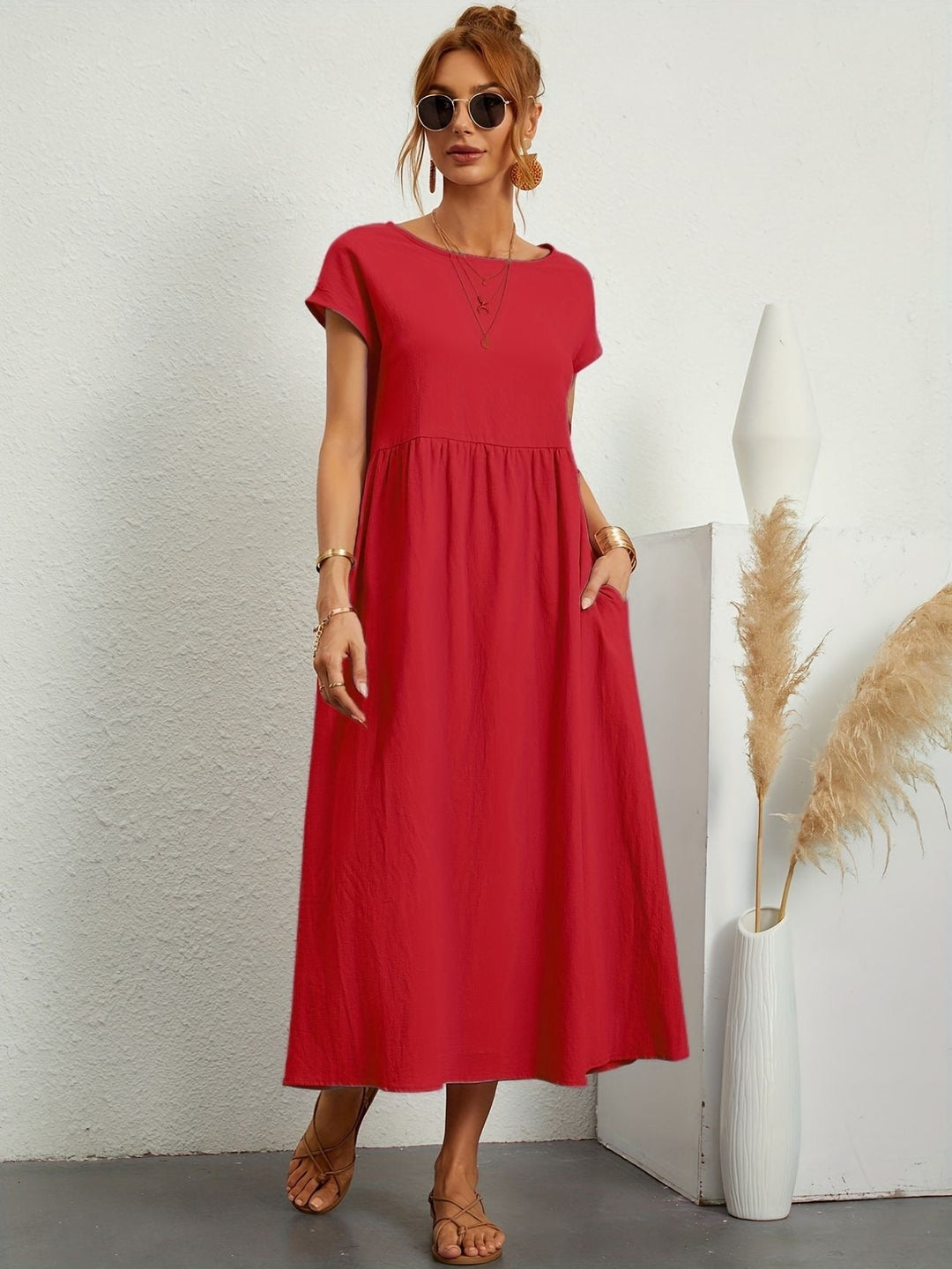 Freya | Leggero Midi Abito with Pockets and Corto Sleeves