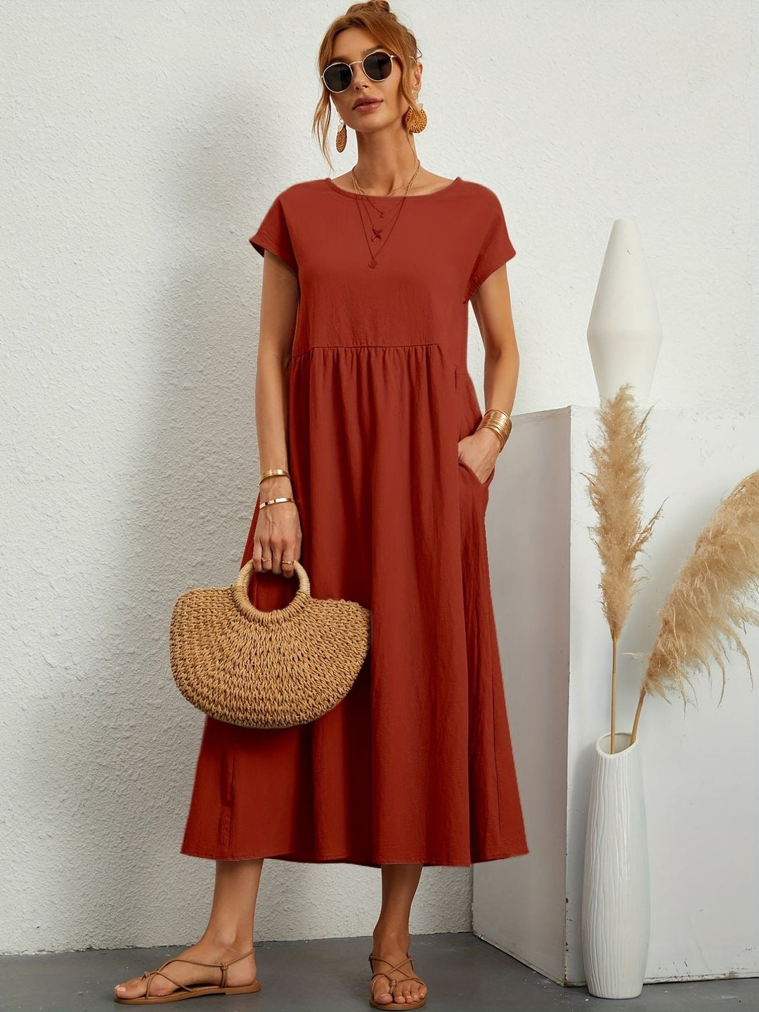 Freya | Leggero Midi Abito with Pockets and Corto Sleeves