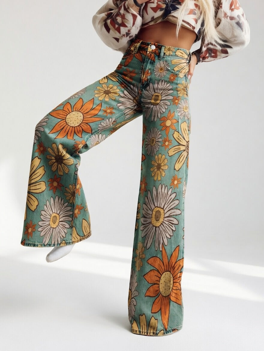 Dimity | Vintage Floreale Stampa Gamba Larga Retro Pantaloni