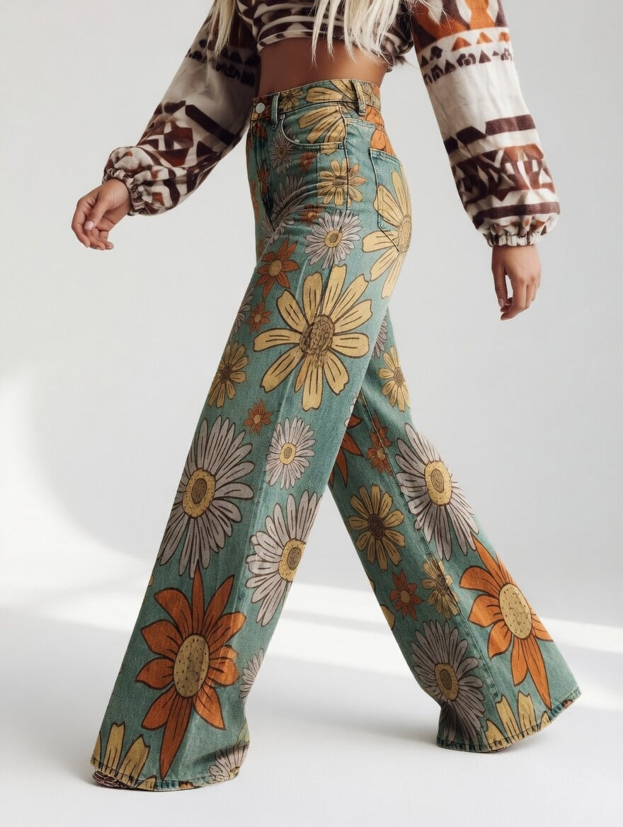 Dimity | Vintage Floreale Stampa Gamba Larga Retro Pantaloni