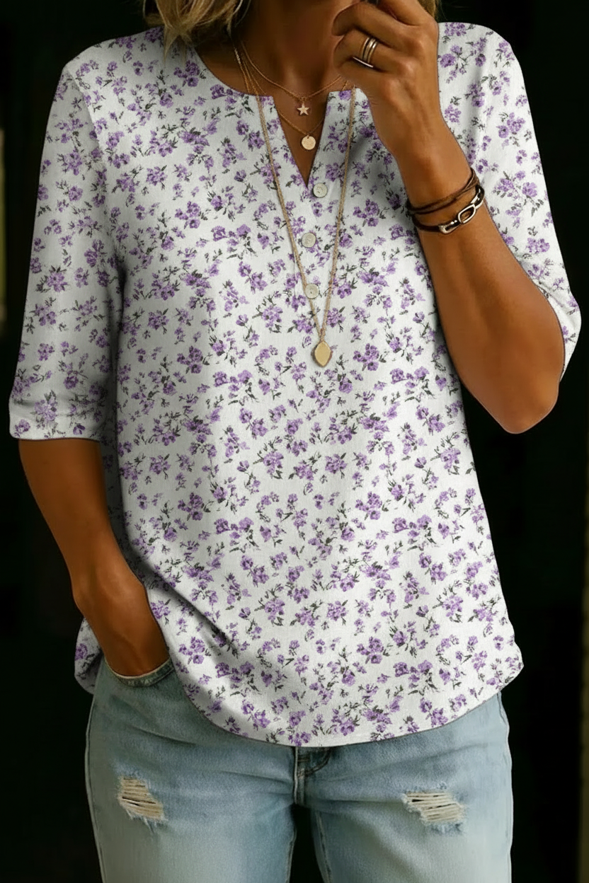 Emilia | Top Henley a Fiori Bianco e Viola