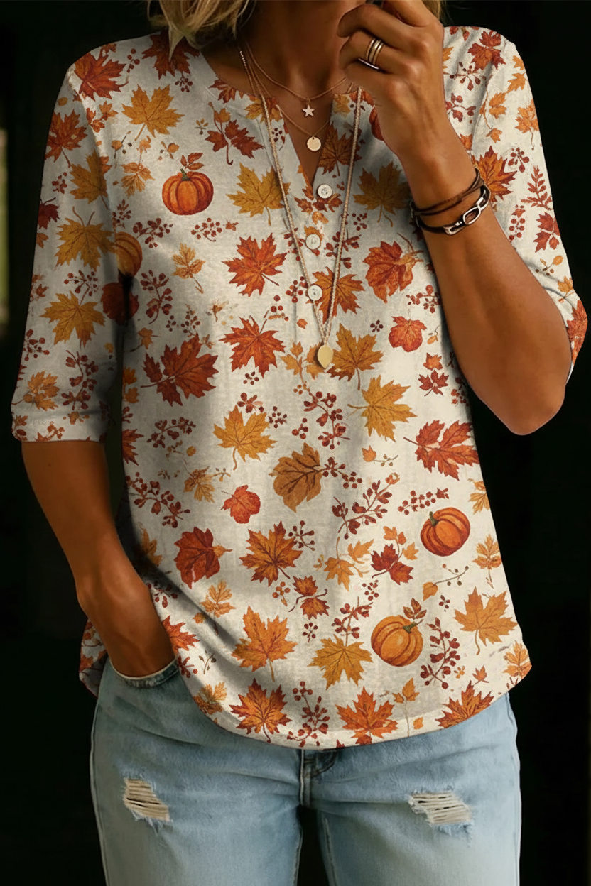 Autumn | Top Henley con Foglie d'Acero e Zucca