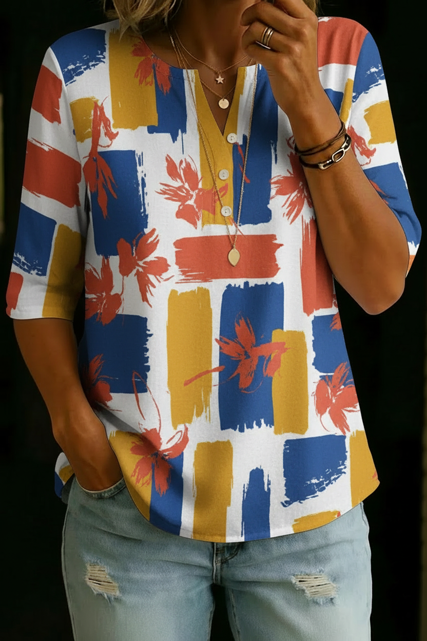 Quinn | Top Henley Floreale Color Block