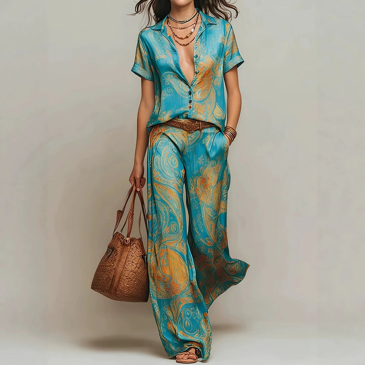 Sabine | Vintage Stampa Due Pezzi Camicia and Gamba Larga Completo