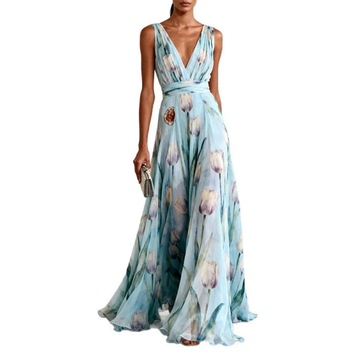 Cosima | Tulip Stampa Chiffon Scollo a V Maxi Abito