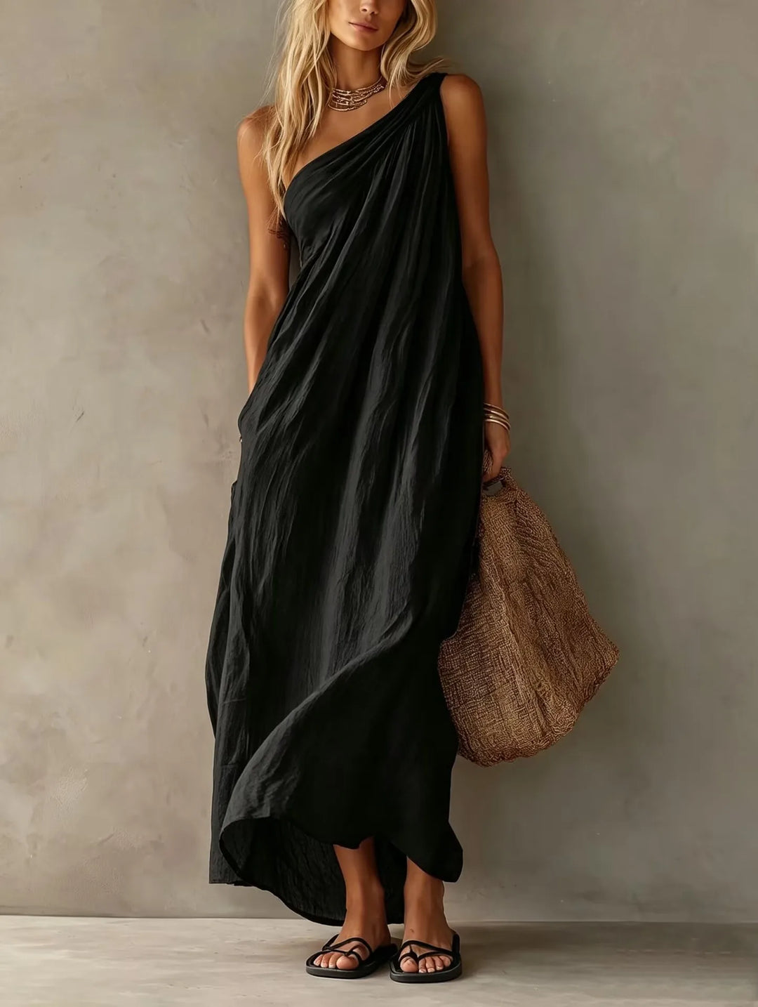 Thea | Monospalla Draped Lino-Look Maxi Abito