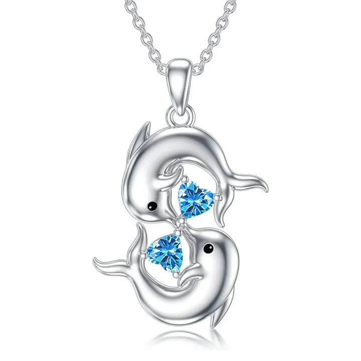 Collana in Argento con Doubles Delfini e Cristallo Blu