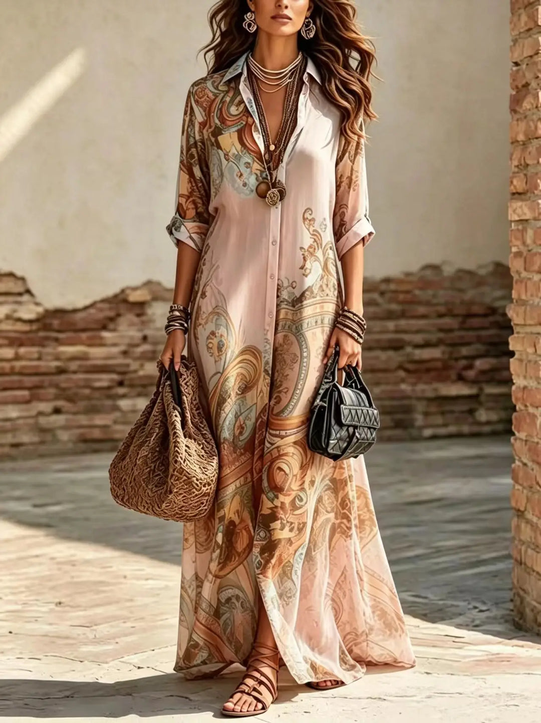 Saffron | Boho Stampa con Bottoni Camicia Maxi Abito