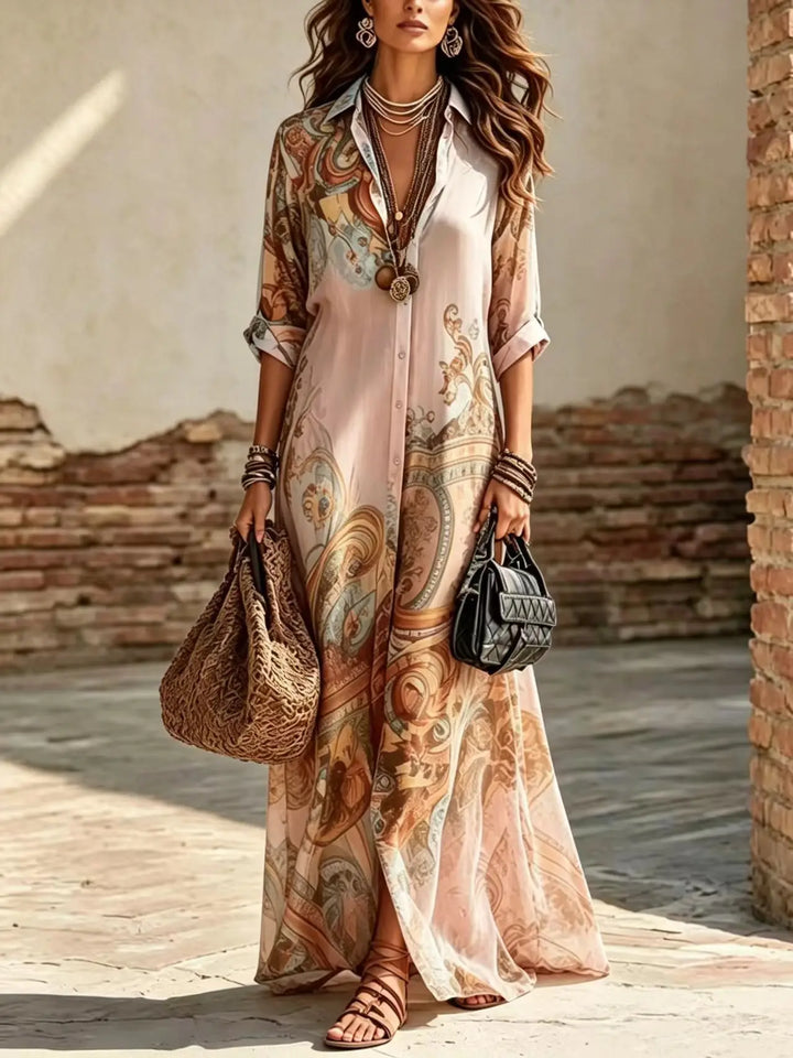 Saffron | Boho Stampa con Bottoni Camicia Maxi Abito