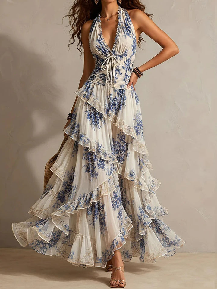 Mireille | Ruffled Halter Backless Stampa Maxi Abito