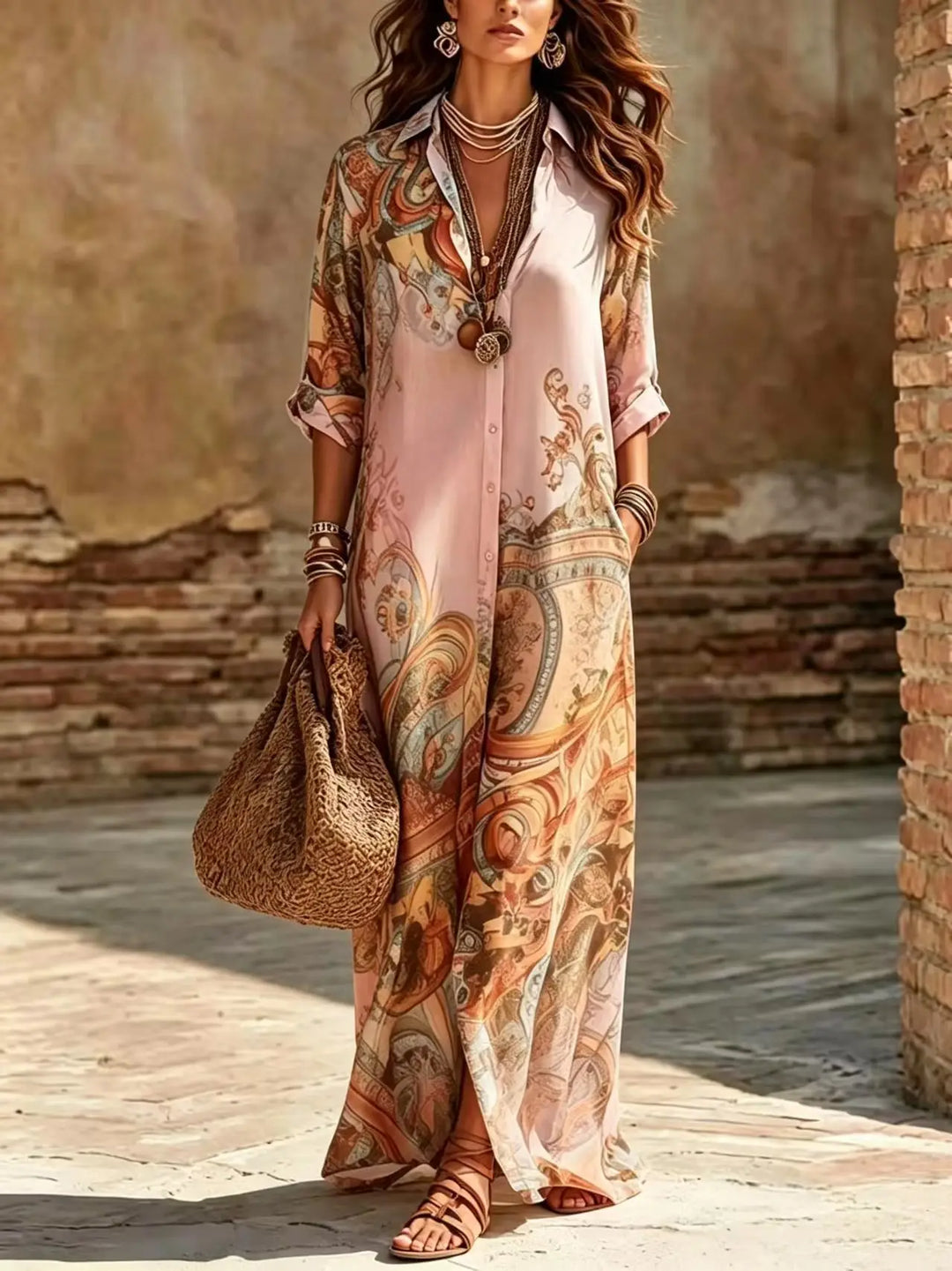 Saffron | Boho Stampa con Bottoni Camicia Maxi Abito