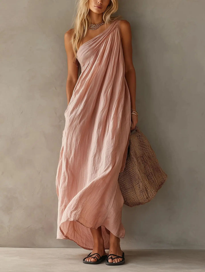 Thea | Monospalla Draped Lino-Look Maxi Abito