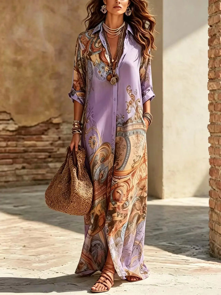 Saffron | Boho Stampa con Bottoni Camicia Maxi Abito