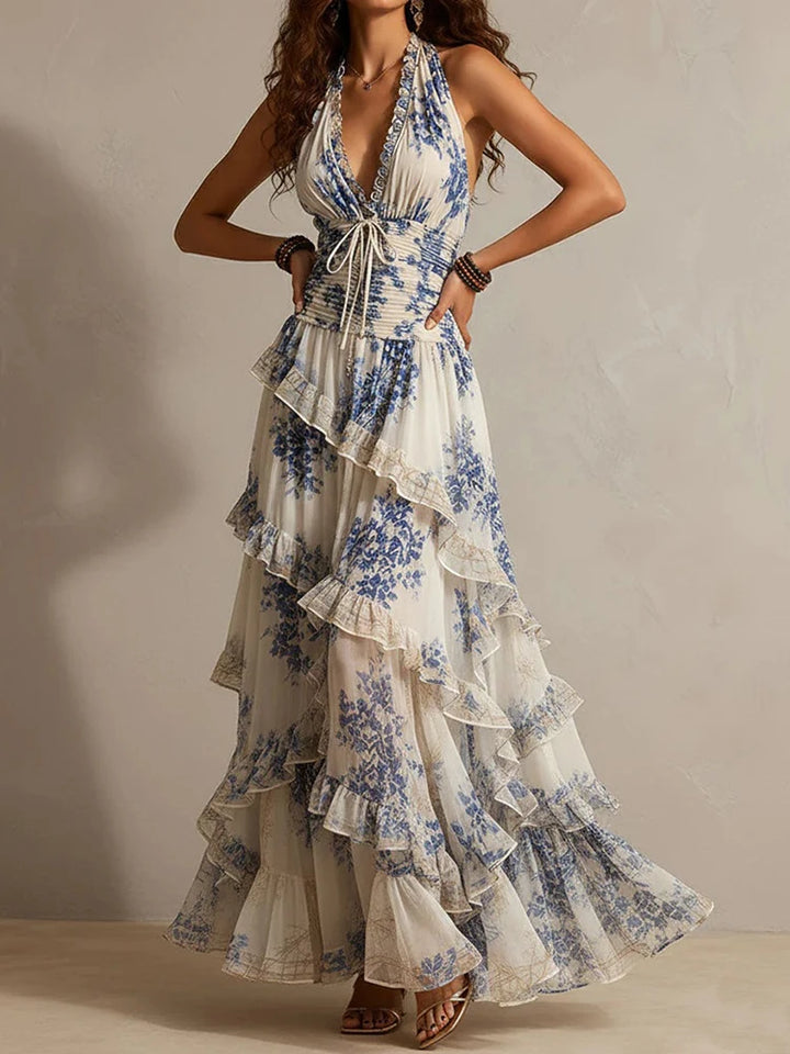 Mireille | Ruffled Halter Backless Stampa Maxi Abito