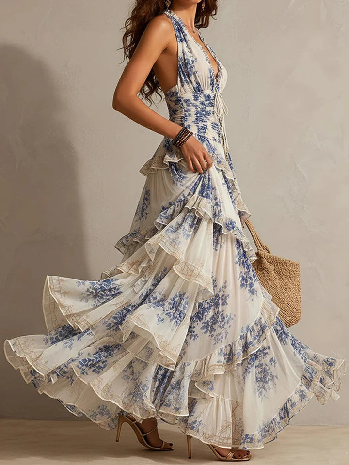Mireille | Ruffled Halter Backless Stampa Maxi Abito